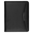 A black leather portfolio folder with a sleek design is closed. It features a flap closure and smooth, polished surface, suitable for holding documents or a notebook.
