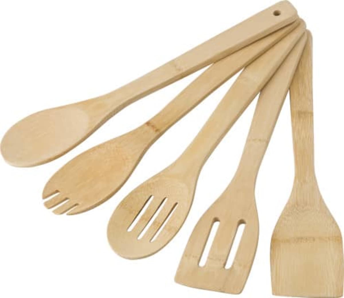 Five wooden kitchen utensils arranged fan-like on a white background.