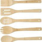 Five wooden kitchen utensils with holes in their handles.