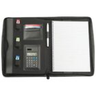 Open black leather portfolio with a calculator, three colored USB drives, business cards, a white pen, and a lined spiral notebook. The calculator displays numbers. The notebook is on the right side.