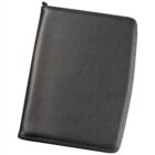 A black leather zippered portfolio with a smooth finish, closed and placed against a white background.