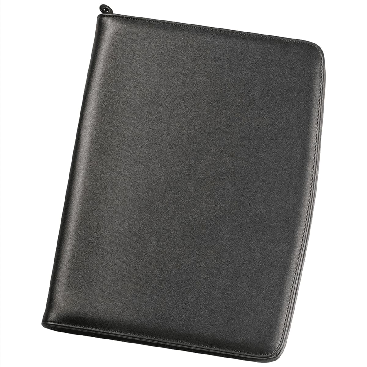 A black leather zippered portfolio with a smooth finish, closed and placed against a white background.