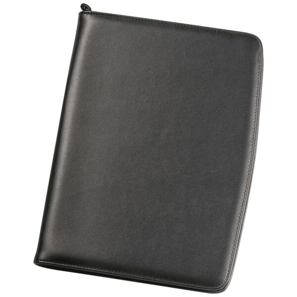 A closed, black leather portfolio folder shown from an angle, displaying its front cover and the zipper along the edge. The texture is smooth, and the corners are slightly rounded.