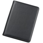 Closed black leather binder or portfolio on a white background.