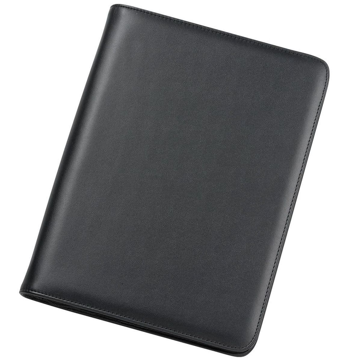 Closed black leather binder or portfolio on a white background.