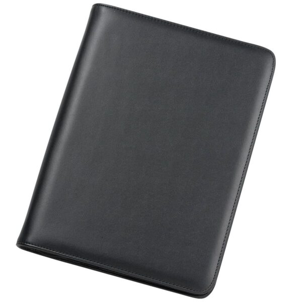 A sleek, closed black leather binder with a smooth texture and rounded corners, set against a plain white background.