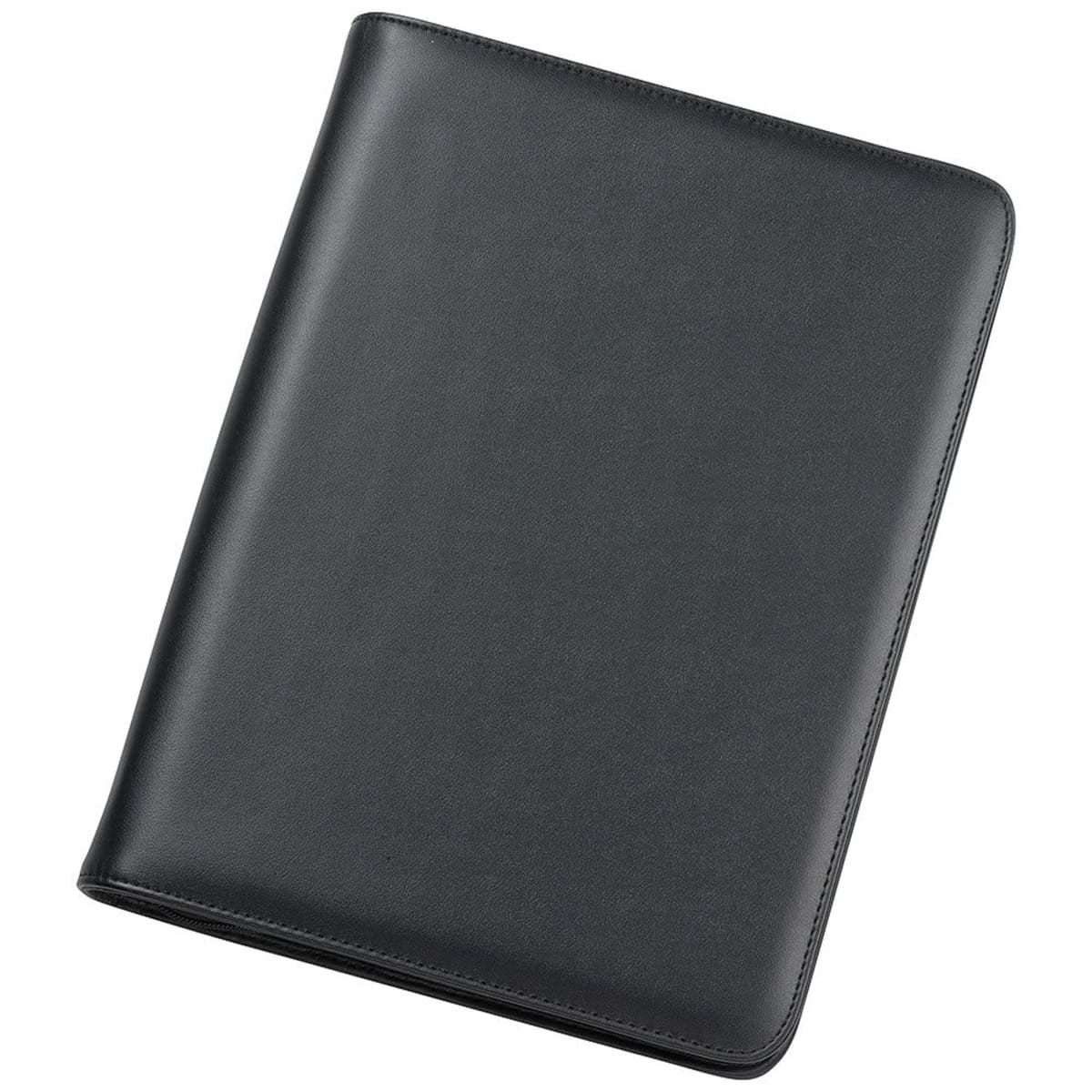 A closed, black leather-bound binder is shown against a white background. The binder has a smooth surface with rounded edges and visible stitching around the perimeter.