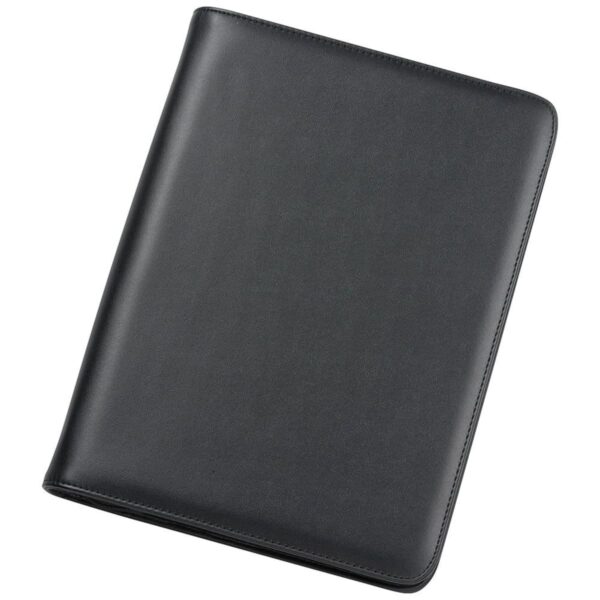 A black leather folder or binder is positioned slightly tilted on a plain white background. The folder has a smooth texture and rounded edges.
