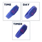 Three blue LED rings displaying time, day, and timer settings.