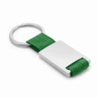 A keychain with a green fabric strap and a rectangular silver metal tag.