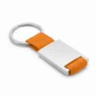 Silver keychain with an orange fabric loop and a rectangular metal plate.