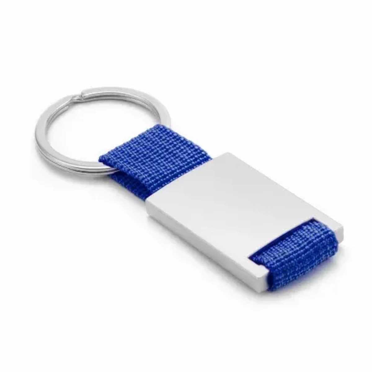 Silver keychain with blue fabric loop and rectangular metal plate.