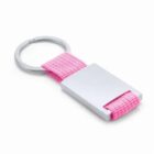 Silver keyring with a pink fabric strap and a rectangular metal plate.
