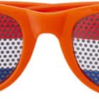 Orange sunglasses with pixelated lenses showing a red, white, and blue striped pattern. The frames are sleek and glossy, with small silver accents near the hinges.