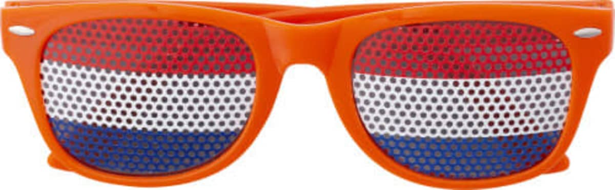 Orange sunglasses with pixelated lenses showing a red, white, and blue striped pattern. The frames are sleek and glossy, with small silver accents near the hinges.