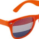 Orange sunglasses with perforated lenses featuring a red, white, and blue horizontal stripe pattern.