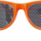 Orange perforated sunglasses with black lenses featuring small white dots.