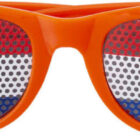 Orange sunglasses with lenses featuring a perforated design in the colors of the Dutch flag: red, white, and blue horizontal stripes.
