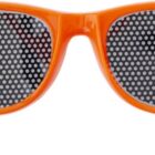 Orange sunglasses featuring perforated lenses with a grid of small holes. The bright orange frame contrasts with the black lenses, creating a striking design.