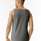 A man wearing a gray tank top and light shorts, shown from the back against a white background.