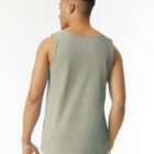 Man wearing a light gray tank top and white shorts, shown from the back against a white background.