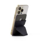 Gold smartphone with a black wallet stand, showing triple lens camera.