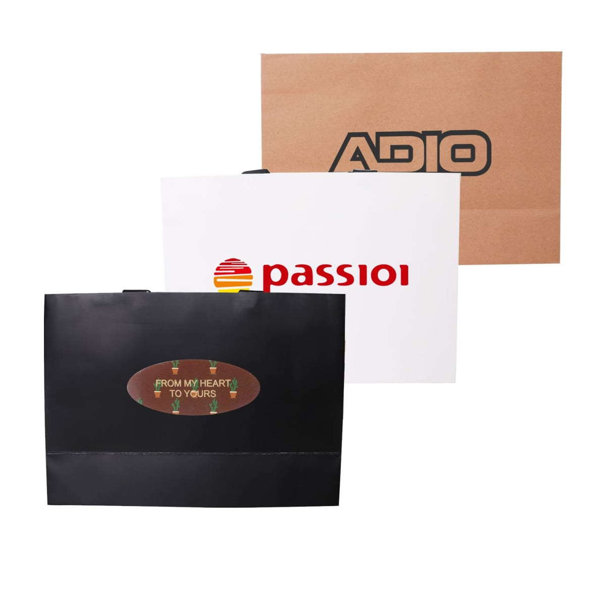 Three shopping bags with varying designs and logos.