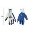 Blue and white work gloves with a logo, 25cm long, on a white background.