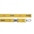Yellow lanyard with the word Amway in blue and VIP in red, printed repeatedly. It features a metal clasp at the end for attaching items.