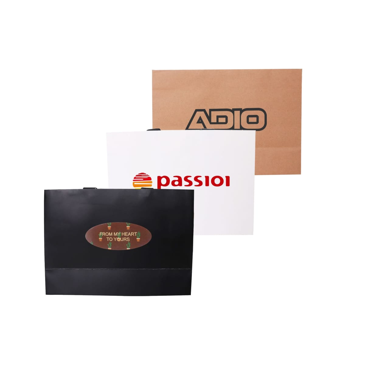 Three paper bags with ADIO, passion, and a heart message displayed.