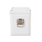 White metal box with a silver latch and handle on the front.