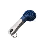 Set of blue measuring spoons stacked together on a metal ring.