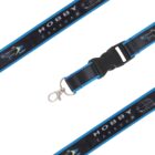 Black and blue lanyard with Hobby Caravan text and logos. Features a metal swivel hook clasp and a plastic buckle for release.