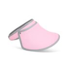 Pink sun visor with gray trim, sitting on a white background.