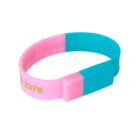 Pink and teal silicone wristband with yellow text.