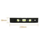 Black spirit level with dimensions: 230mm length and 38mm height.