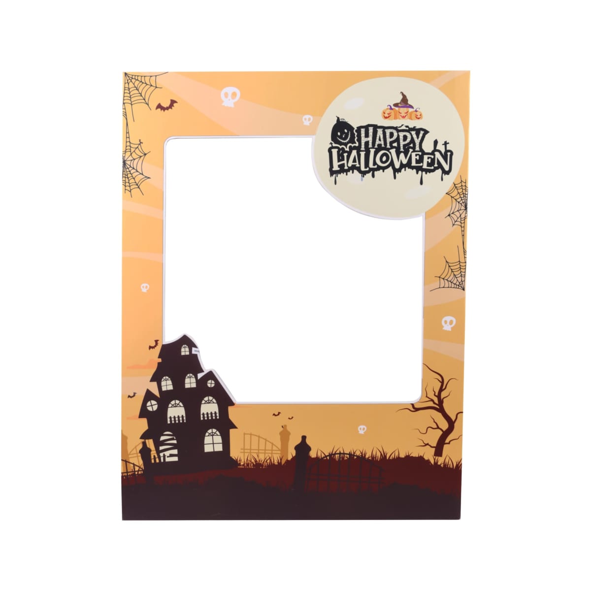 Halloween-themed photo frame with haunted house and spider webs.