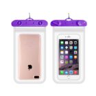 Two waterproof phone cases, front and back view, each holding a smartphone.