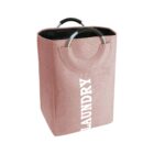 Pink laundry hamper with handles and the word LAUNDRY printed on it.