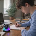 Young man writing at a desk with books and a Pacific Magnetic Bluetooth Speaker Stand RGB nearby.