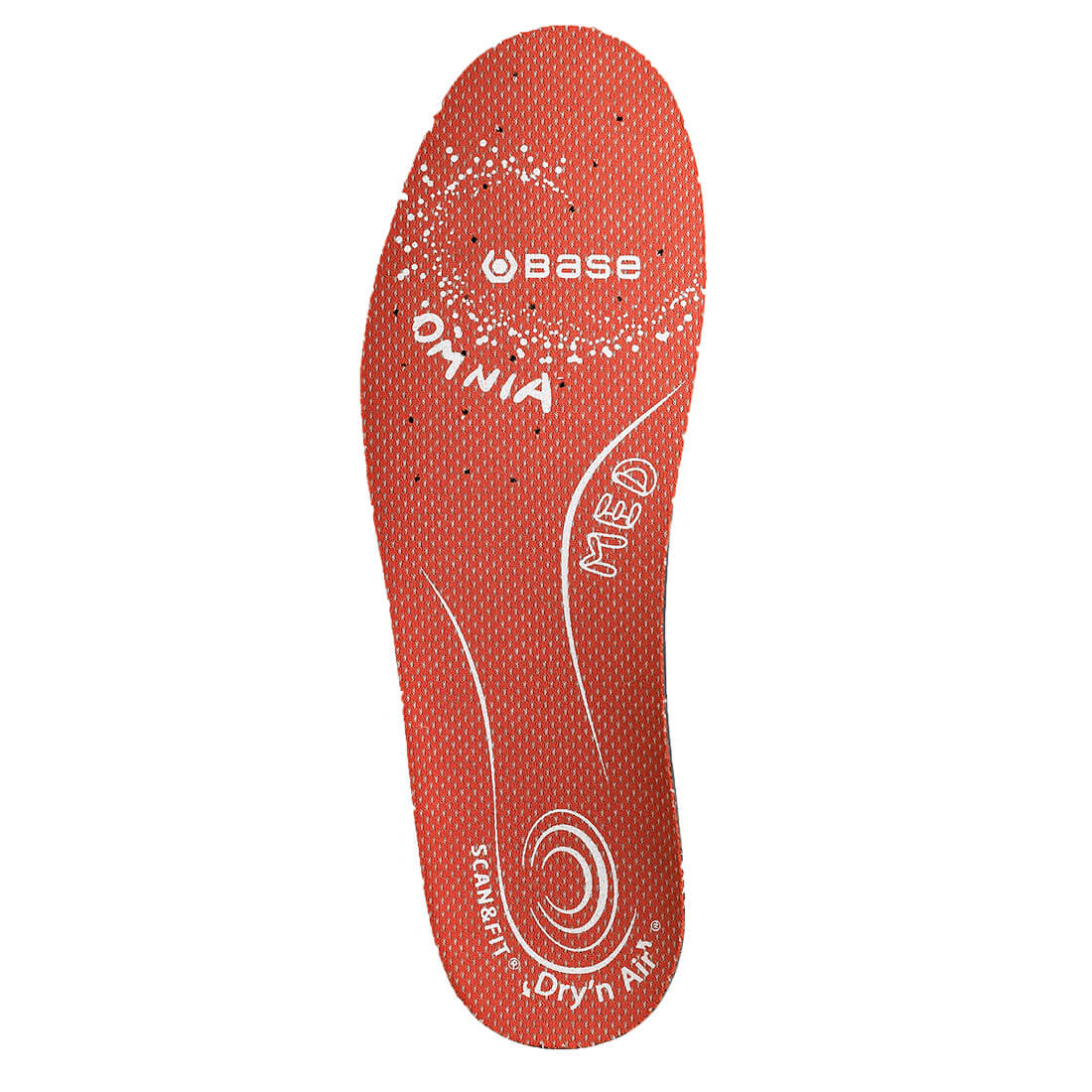 Red insole with white text, Scan&Fit Omnia Med DryN Air, MED, and dot pattern.