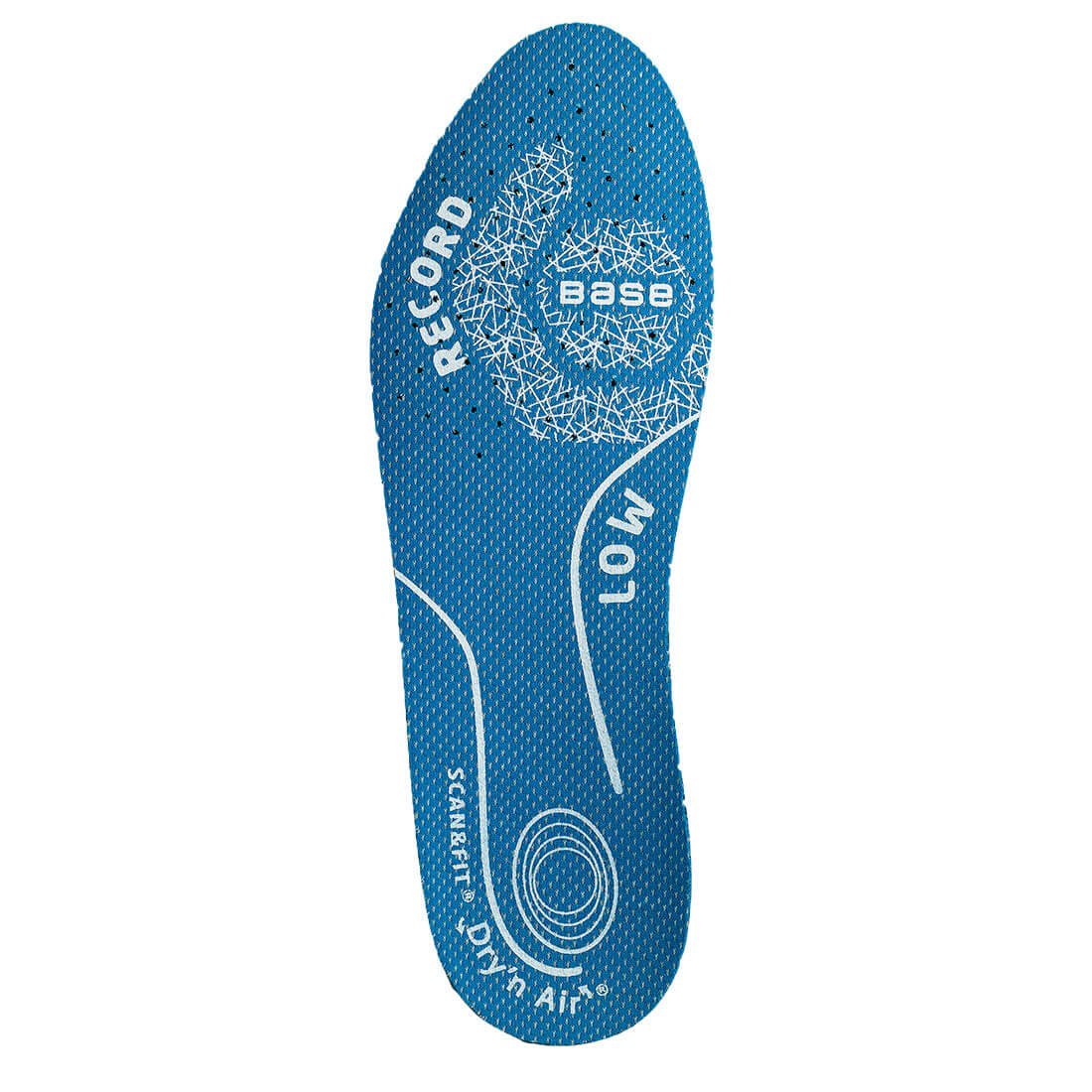 Scan&Fit Record Low DryN Air insole, blue with white patterns and text.