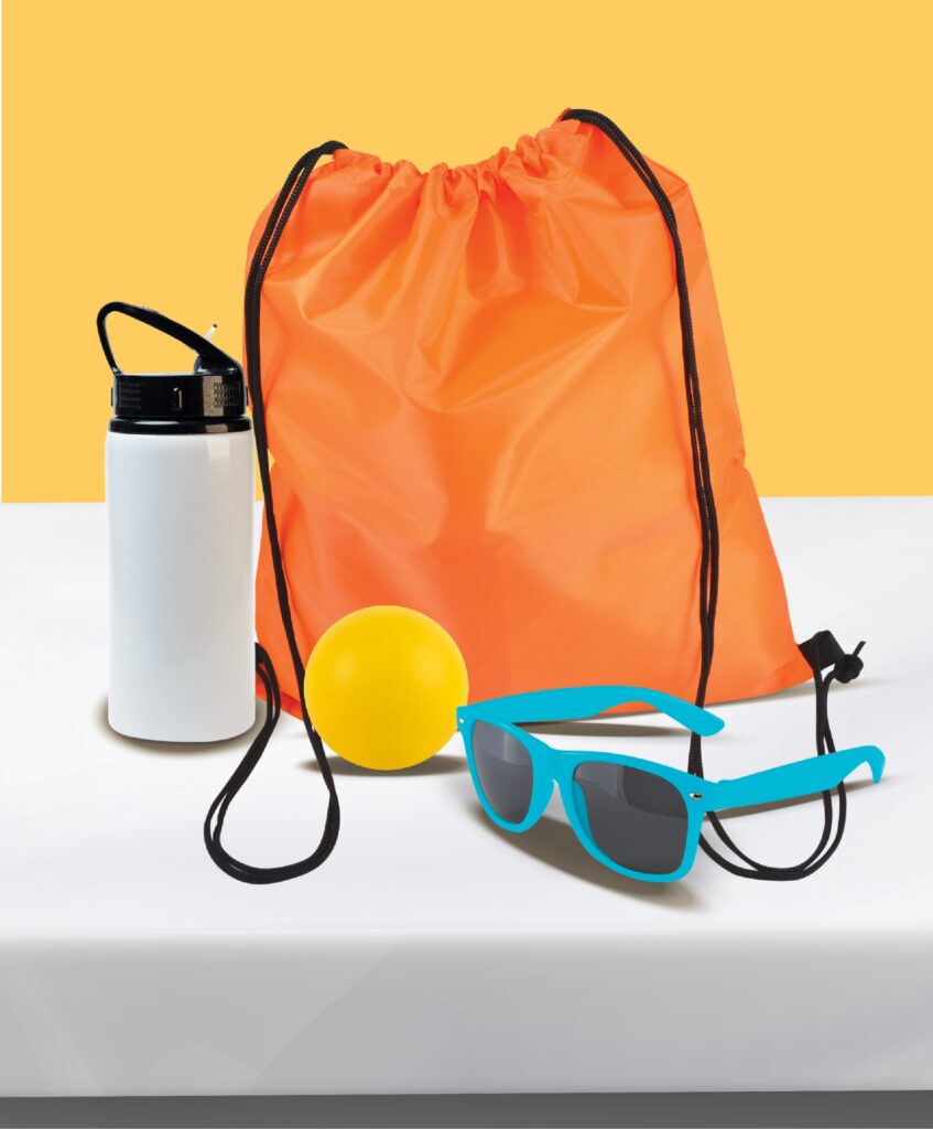 Image of an orange bag, stress ball, bottle and sunglasses promo merch