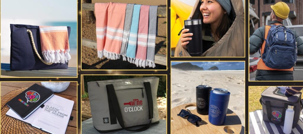 Collage of outdoor gear: towels, bags, thermoses, and promotional backpacks.