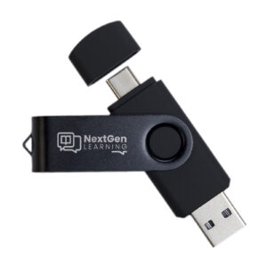 A dual-port USB drive with both Type-A and Type-C connectors is shown, perfect for promotional purposes. It features a black swivel cover displaying NextGen Learning, enhancing brand awareness. The Type-C connector is uncovered, while the Type-A is partially visible.