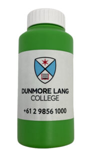 Green bottle labeled Dunmore Lang College with Ryde Office contact number.