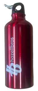 Branded red sports bottles with company logo