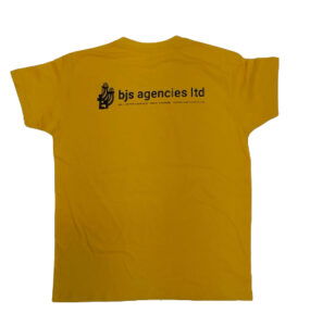 Branded yellow tee shirt screen printed with company logo