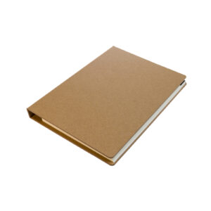 A closed brown cardboard binder, reminiscent of branded corporate diaries, showcases its crisp white pages peeking through against a pristine white background.
