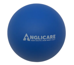 Blue stress ball with Anglicare logo